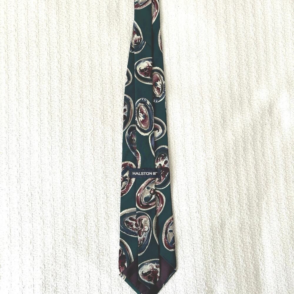 Vintage Halston Italian Silk Tie Teal Paisley - Picture 5 of 6